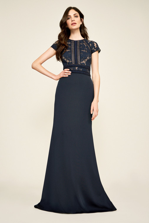 TadashiShojiコールドショルダーレースカクテルドレスNavy/ Nude タダシショージ TADASHI SHOJI スパンコール 刺繍 レース