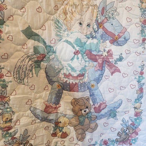 Vintage Baby Is Love Blanket Angel Rocking Horse Printed Cross Stitch Quilt Crib - Picture 5 of 8