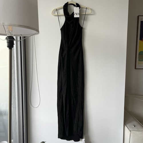 Zara Women Long Halter Black Maxi Open Back Knotted Dress XS Glam Party Nightout - Picture 4 of 9