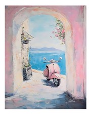 Affiche scooter méditerranéen art mural - charmant décor en bord de mer