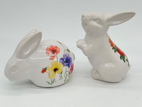 2 Decorative Hand Painted Ceramic Bunny Rabbit Hand Painted Floral Designs - Foto 1 di 7