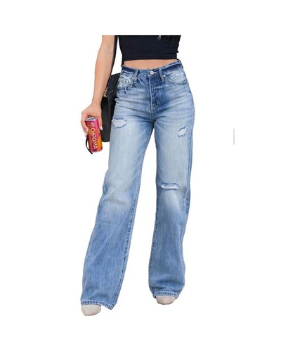 Azura Exchange Distressed Wide Leg Jeans Women Light Blue - Picture 6 of 24