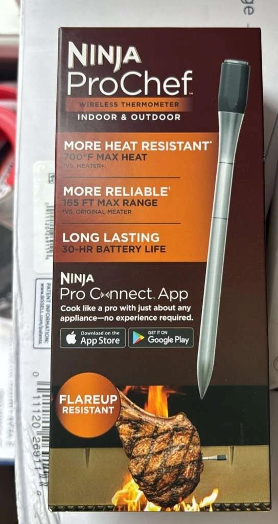 Ninja ProChef Wireless Thermometer – 700°F, Long Range, Waterproof, Black/Silver