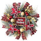 24 Inch Christmas Wreath for Front Door with Gold Berries, Red Bow, and Merry 