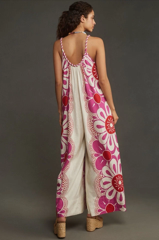 Farm Rio Maia Linen Jumpsuit Floral Pink Combo Size Medium - Image 2 of 4