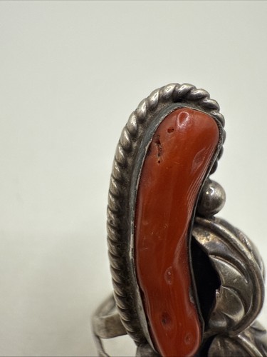 Vintage Long Sterling Native American Turquoise + Coral Feather Ring S7•9.5g - Picture 11 of 20