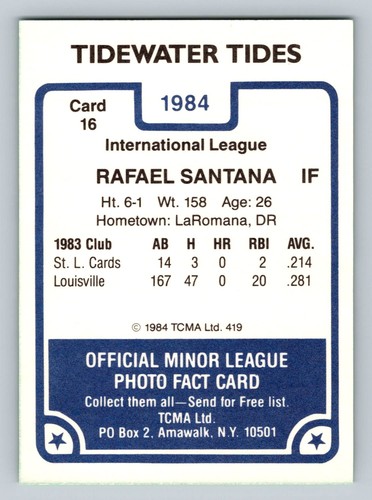 1984 TCMA Tidewater Tides #16 Rafael Santana Tidewater Tides - NM - Picture 2 of 2