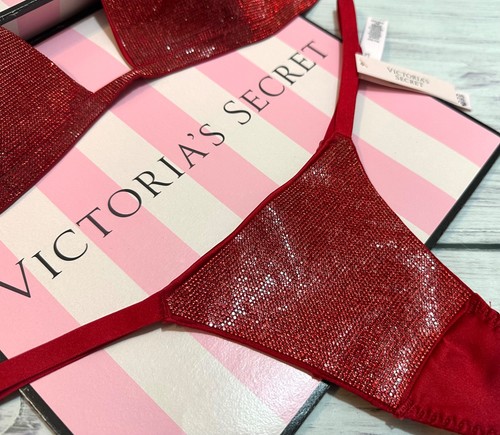 Victoria's Secret Shine Triangle Bralette & V-String Panty Set Color Red M, L - Picture 5 of 10