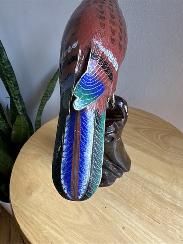 Vintage Chinese Cloisonne Parrot Statue Enamel Brass Macaw Bird Figure with Base - Picture 6 of 24