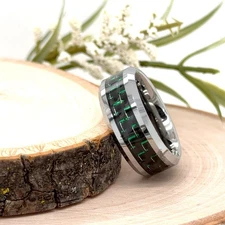 9mm Unisex Tungsten Carbide Ring Green Carbon Fiber Inlay Polished Finish Band