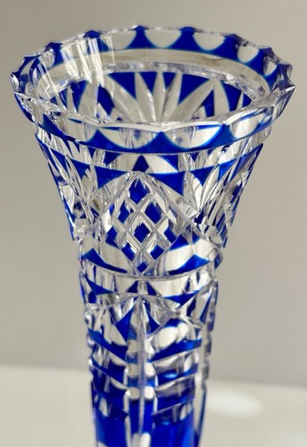 Mini Cobalt Blue Cut To Clear Crystal 5.5” Bud Vase Bohemian Czech Style - Picture 3 of 12