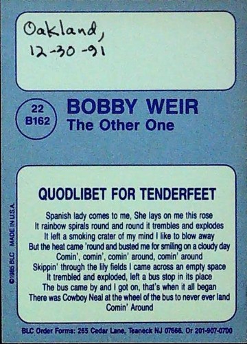 Tarjeta coleccionable Bobby Weir The Other One Grateful Dead Concert Oakland 30/12/1991 - Imagen 2 de 2