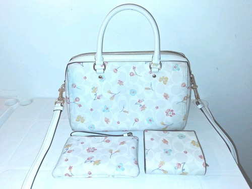 COACH SIGNATURE MYSTICAL FLORAL PRINT ROWAN SATCHEL MATCHED SET WHITE C8615 - Picture 2 of 18