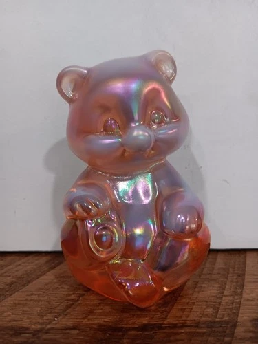 Vtg Rare Fenton Art Glass Pink Champagne Opalescent Carnival Glass Bear Figurine