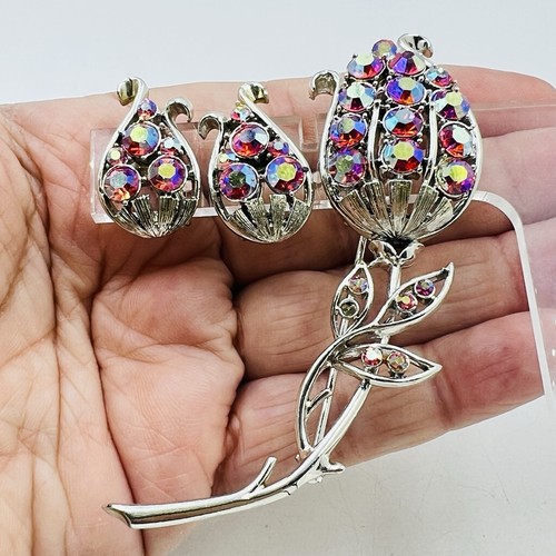 Coro Pegasus Pink AB Rhinestone & Silver Tone Flower Earrings Brooch Set *READ* - Picture 10 of 10