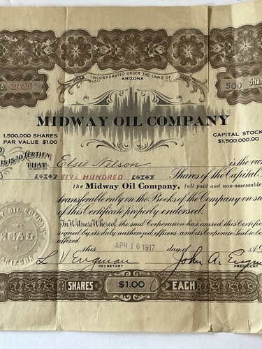 Midway Oil Company Capital Stock Certificate 1917 500 Azioni Antica Arizona - Foto 3 di 9