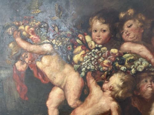 Antique Cherubs w/ “Garland of Fruit” In The Style Of Peter Paul Ruebens 24x 39” - Picture 2 of 6