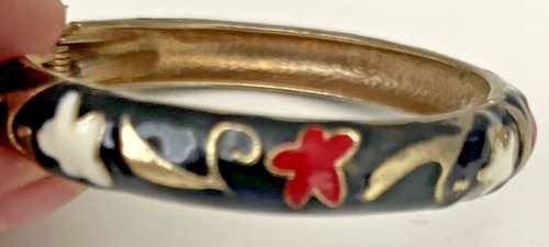 Vintage Emaille Armreif Armband Set Schwarz & Elfenbein Herzen Blumen goldfarben aufklappbar - Bild 6 von 16