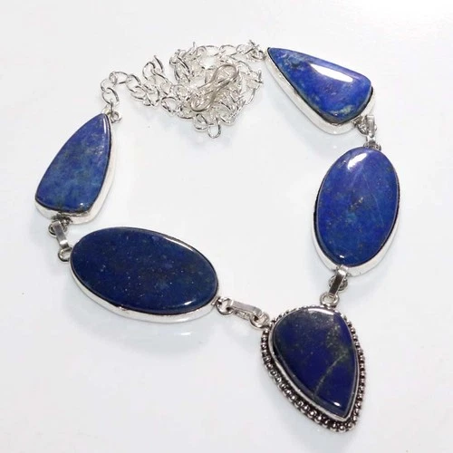 Pretty Lapis Lazuli 925 Silver Plated Necklace 17" Bridal Jewelry Trendy GW