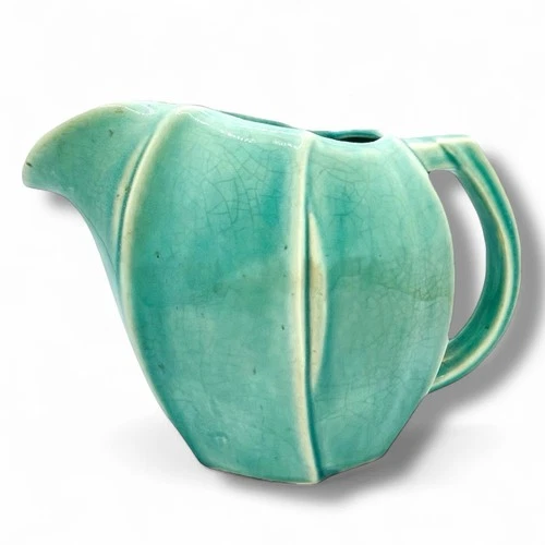 Vtg. McCoy Tulip Leaf Turquoise Green Glaze Pitcher MCM 6”