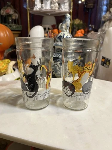 Vintage 80s Anchor Hocking Cats on a Fence Tumbler Drinking Glasses 16 oz