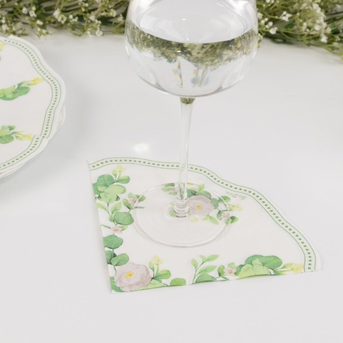 25 WHITE GREEN Floral Greenery Round Paper Napkins with Scalloped Edge Party - Picture 7 of 8