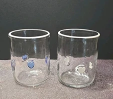 Pair of Anthropologie Valentina Clear White & Blue Heart Icons Juice Glasses