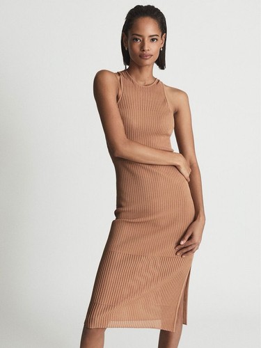 Reiss Beige Aurelia Sheer Stripe Knit Bodycon Dress Size UK L LARGE 12... - Picture 5 of 7