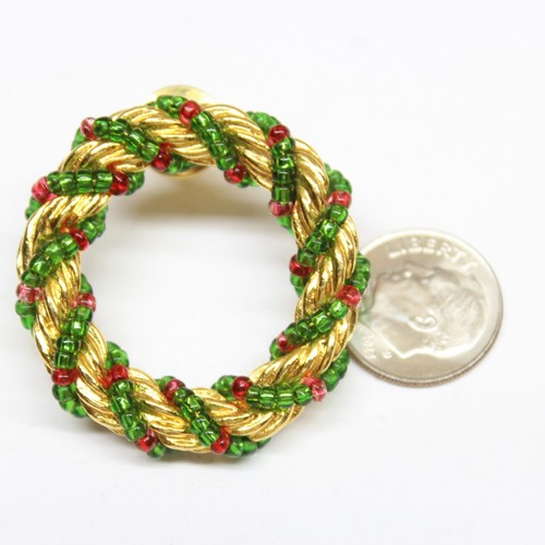 Vintage Beaded Christmas Wreath Brooch Pin Lapel Enamel Collectible - Picture 2 of 3