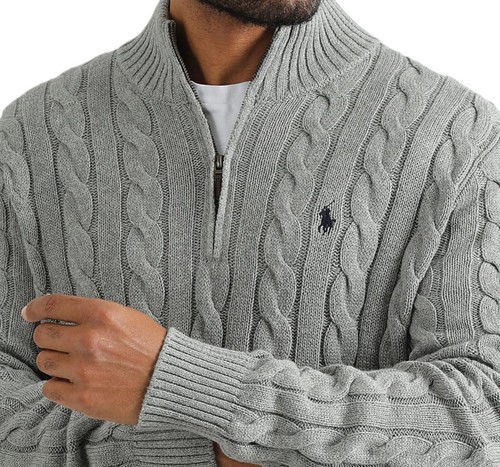 NWT - Polo Ralph Lauren Men's 1/4 Zip Cable Knit Cotton Sweater: GRAY - M - XXL - Picture 4 of 13