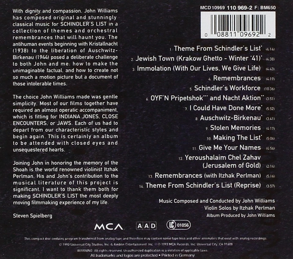 NEW CD Schindler's List Soundtrack Itzhak Perlman John Williams Steven Spielberg - Image 2 of 2