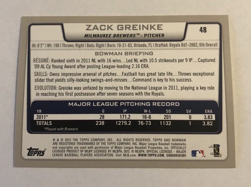Zack Greinke 2012 Bowman #48 Milwaukee Brewers - Picture 2 of 2