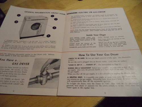Vintage 1952 How to use your new Sears Kenmore Automatic Dryer Operating Manual - Picture 4 of 9