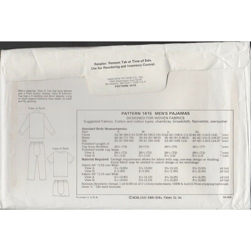 Kwik Sew 1415 Mens Pajamas Long or Short Bottoms Pattern Size Small-XL Uncut - Picture 2 of 2
