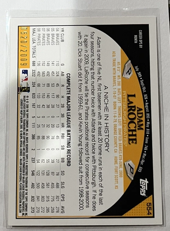 2009 Topps Gold /2009 Adam LaRoche #554 Pittsburgh Pirates - Image 2 of 2
