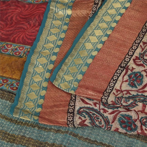 Sanskriti Vintage Sarees Ivory Pure Georgette Silk Print Sari 5+Yd Craft Fabric - Picture 3 of 12