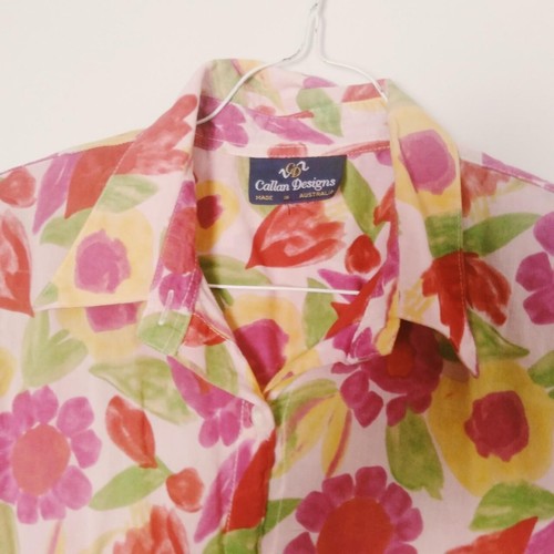 Callan Designs vintage Floral Blouse 90s bright pink fluro pink tropical shirt M - Bild 3 von 5