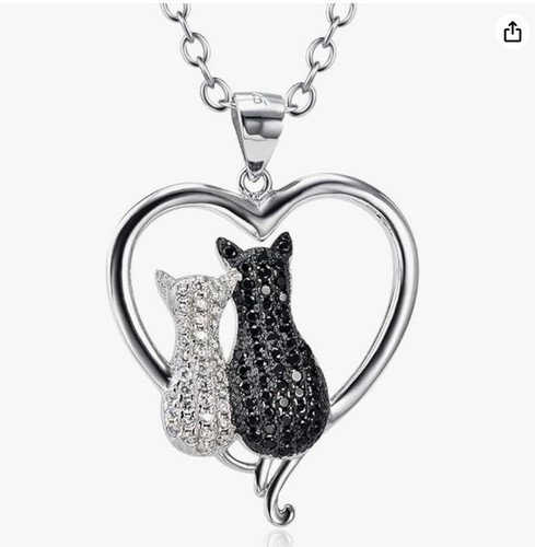 Black White Cat Necklace Love Heart Diamond Pendant Kitty Chain Sterling Silver - Picture 1 of 4