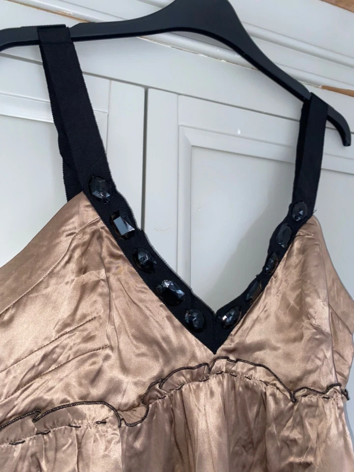 EVIE коричневый атласный Cami размер 12 кружева блестки регулируемые ремни Y2K 2000-х выход - Изображение 3 из 4