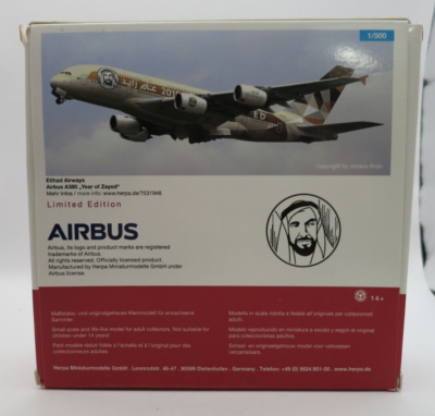 Herpa Etihad Airways Airbus A380 Aircraft Model - Year of Zayed