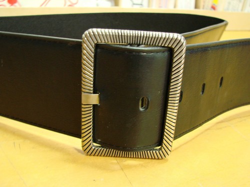 Womens L/XL Stretch Black Dress Belt Silver Ornate Buckle Poly Faux Leather Rbr - Picture 2 of 10
