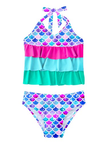 Girls Swimming Suit V Neck Halter Neck Sleeveless Fish Scales Print Tops+Briefs - Picture 10 of 28