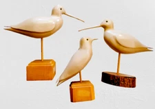 3 Hand Carved Wood Sandpipers Shore Birds Glass Eyes Curlews signed L.Bell