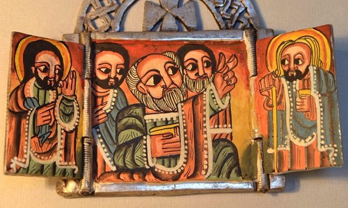 Tríptico cristiano etíope hecho a mano pintura de altar de metal icono, Etiopía África - Imagen 3 de 5