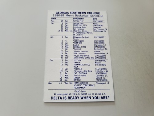 JS15 Georgia Southern College 1980/81 Men's Basketball Pocket Schedule Card - Picture 2 of 2