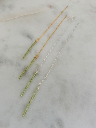 Peridot Faceted Round Tiny Beads Gold & Silver Long Chain Threader Drop Earrings - Picture 5 of 18