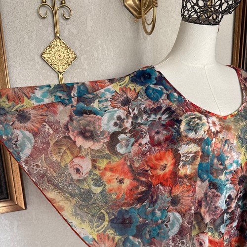 Boho Floral Sheer Ruffle Sleeve Tunic V Neck Lightweight Top LLL Womens Size L  - Picture 2 of 10