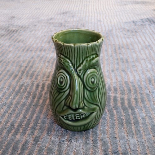 Vintage Celery Dual Face Pot Vase - 1970s double faced green ceramic jar