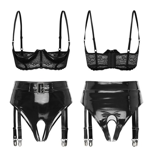 Biancheria da notte donna lingerie glitter pizzo intimo con giarrettiera cintura clubwear PVC - Foto 16 di 28