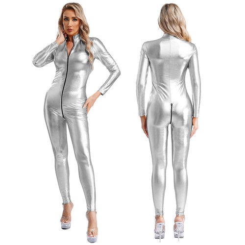 Womens Patent Leather Jumpsuit Catsuit Metallic Full Bodysuit Zipper Clubwear - Picture 18 of 33